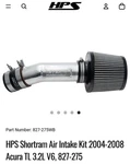 Hps Shortram Cool Air Intake Kit For 04-08 Acura Tl 3.2L V6 J32A 827-275P. Fixed Price $170.00.